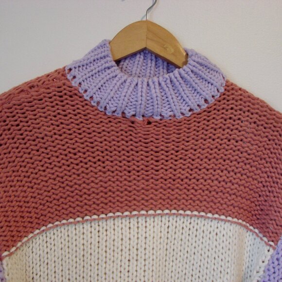 Dreams Chunky Knit Sweater Colourblock Purple Pink Cream Mock Neck Size Small - Picture 2 of 12